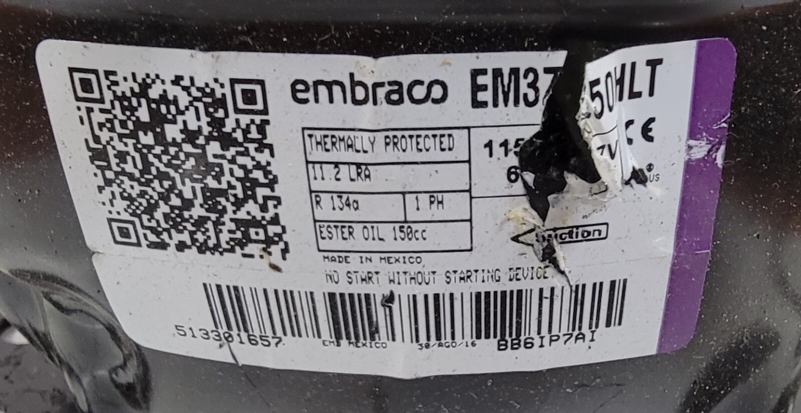 Genuine Refrigerator Viking Compressor Part#513301657 EM3Z50HLT