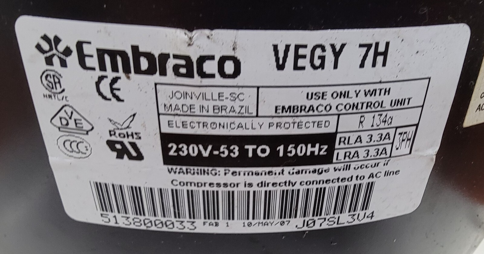 Genuine Refrigerator Kitchen Aid Compressor Part#513800033 VEGY 7H