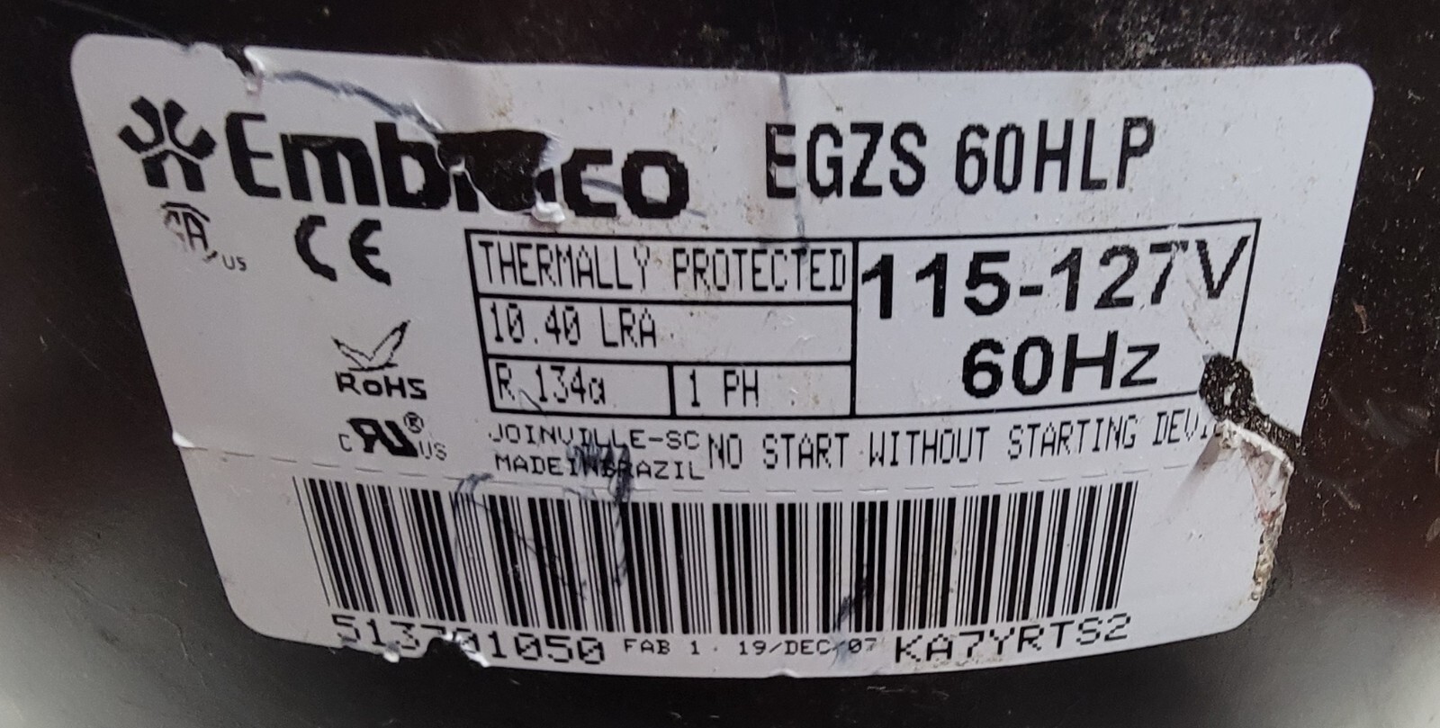 Genuine Refrigerator Samsung Compressor Part#513701050 EGZS 60HLP