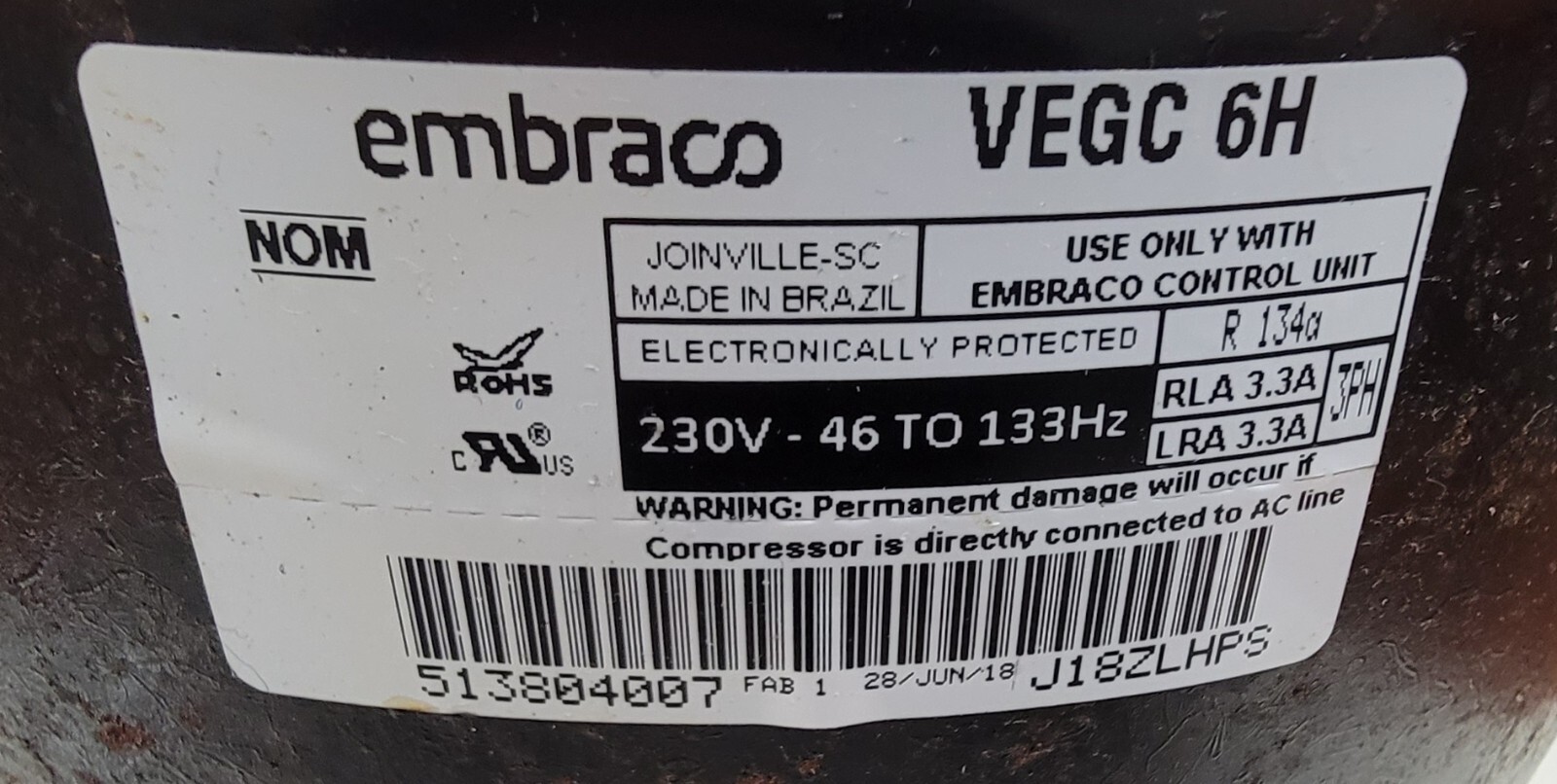 Genuine Refrigerator Kitchen Aid Compressor Part#513804007 VEGC 6H