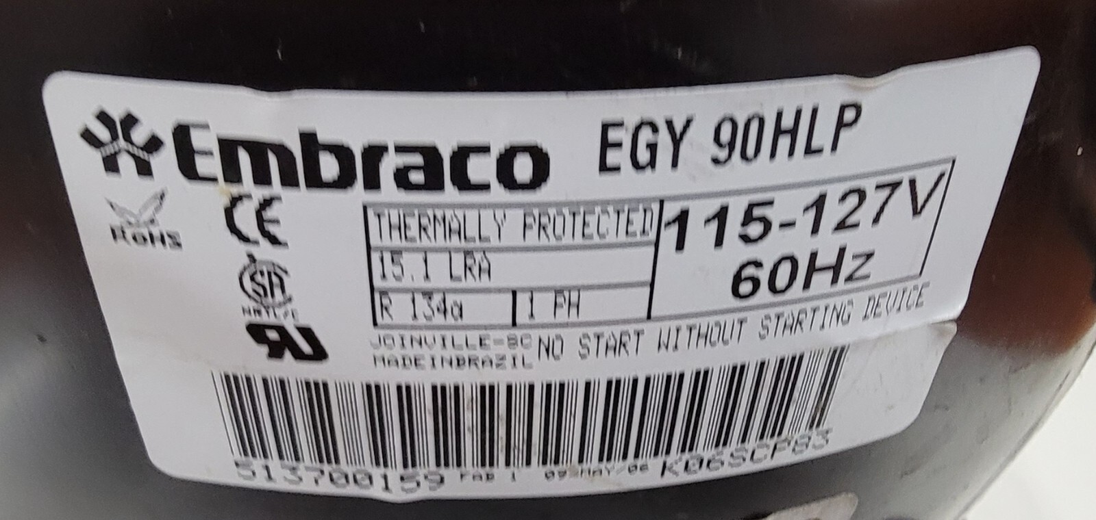Genuine Refrigerator Whirlpool Compressor Part#513700159 EGY90HLP