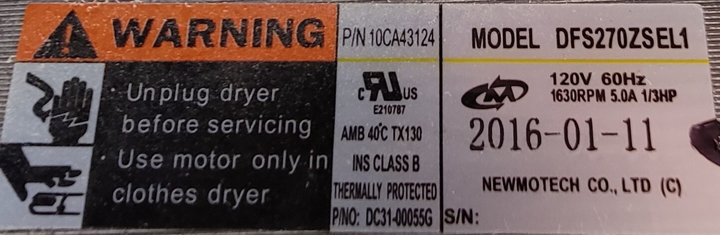 Genuine Dryer Samsung Motor w/Blower Part#10CA43124