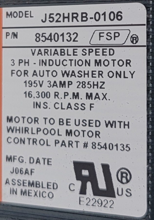 Genuine Washer Whirlpool Drive Motor Part#8540132