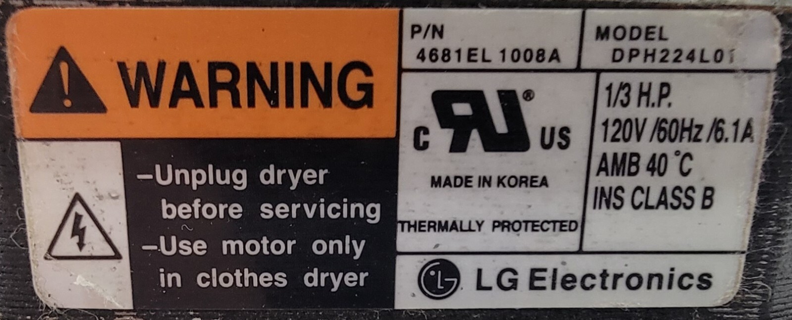 Genuine Dryer LG Motor w/Blower Part#4681EL1008A