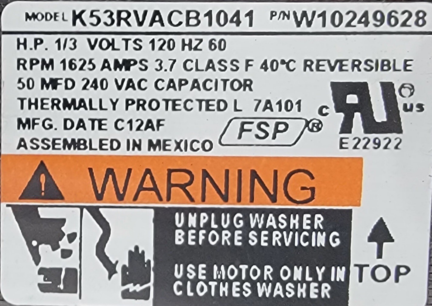 Genuine Washer Whirlpool Drive Motor Part#W10249628