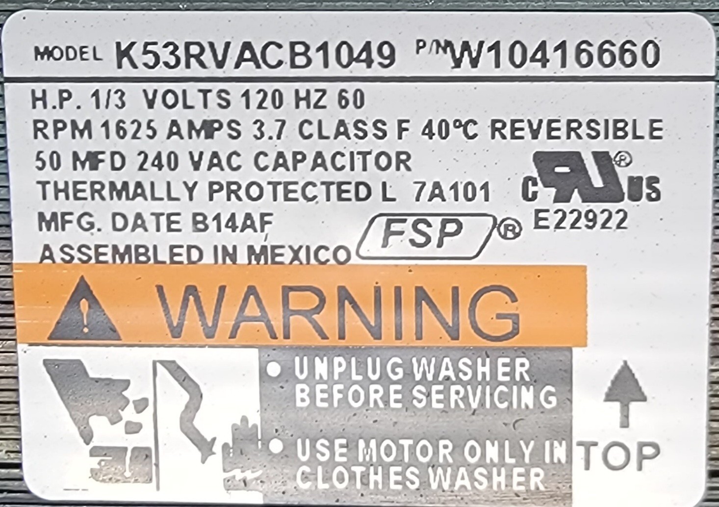 Genuine Washer Whirlpool Drive Motor Part#W10416660