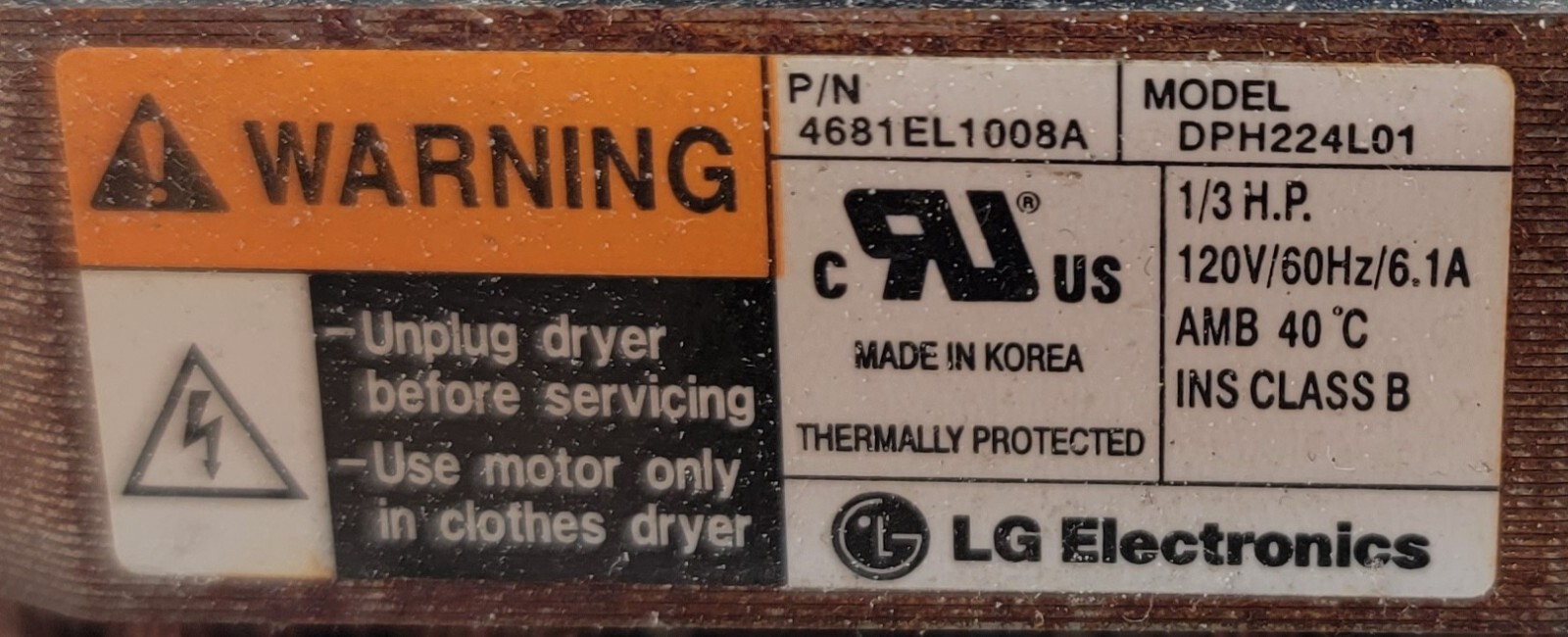 Genuine Dryer LG Drive Motor w/Blower Part#4681EL1008A