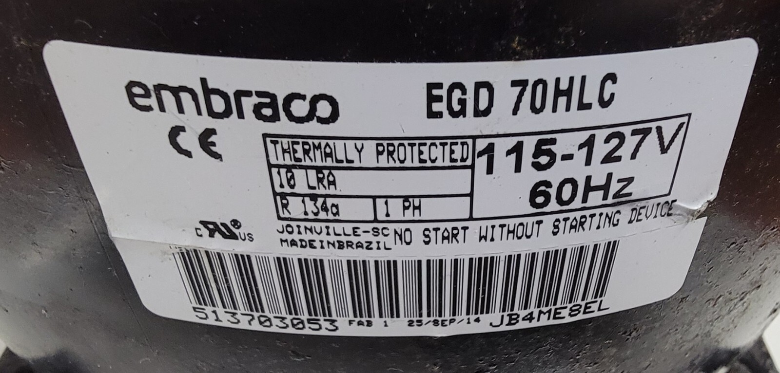 Genuine Refrigerator GE Compressor Part#513703353 EGD 70HLC