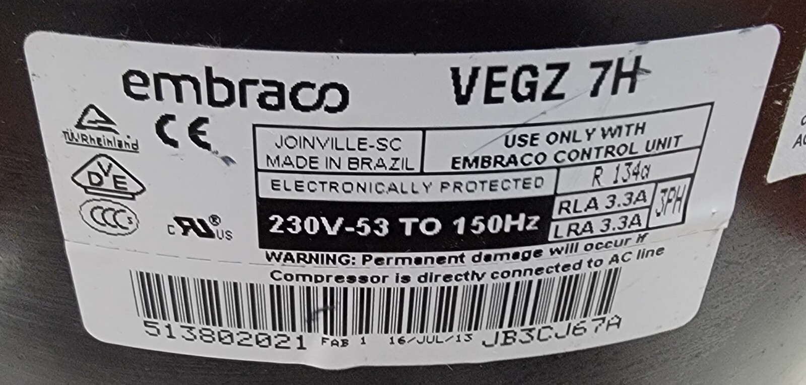 Genuine Refrigerator Whirlpool Compressor Part#513802021 VEGZ7H