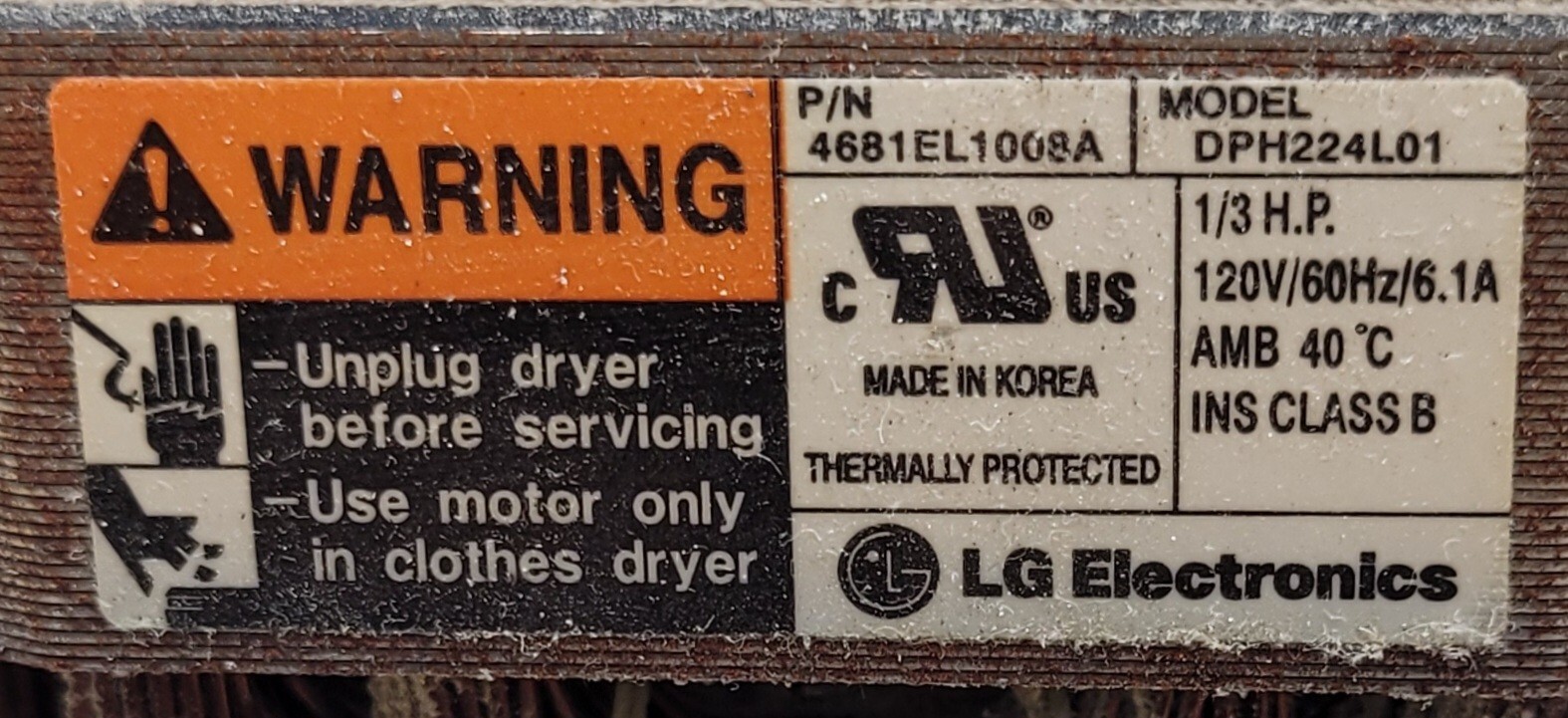 Genuine Dryer LG Motor w/Blower Part#4681EL1008A