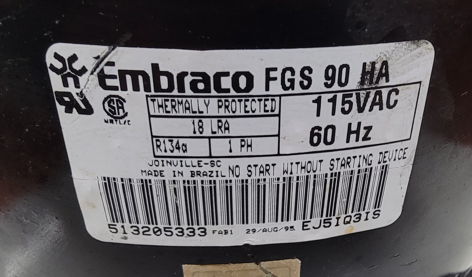 Genuine Refrigerator LG Compressor Part#513205333 FGS 90 HA