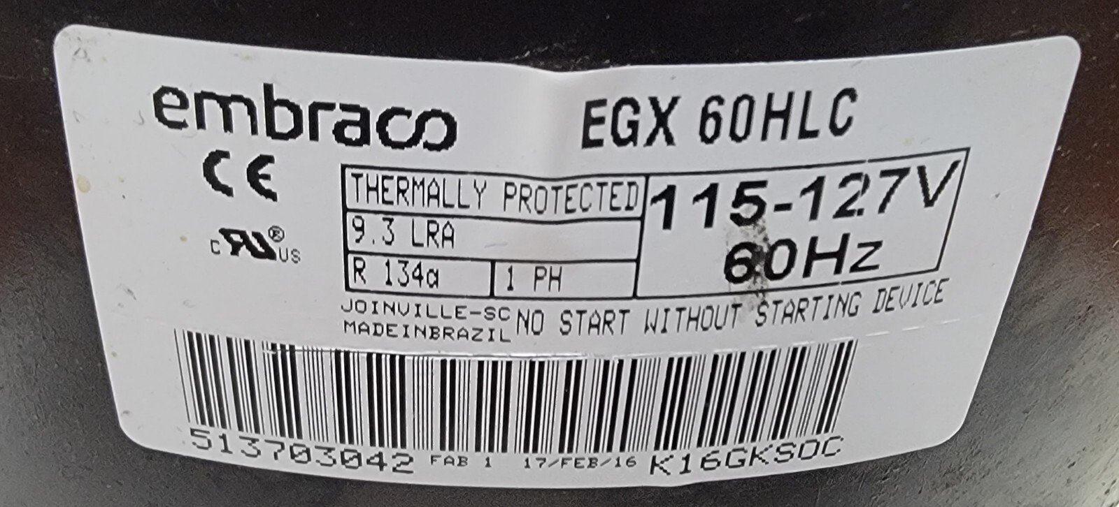 Genuine Refrigerator Whirlpool Compressor Part#513703042 EGX60HLC
