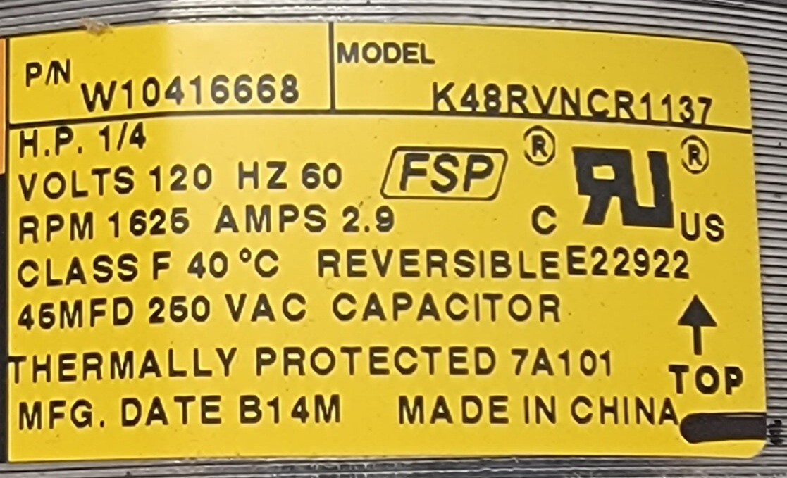 Genuine Refrigerator Kitchen Aid Drive Motor Part#W10416668