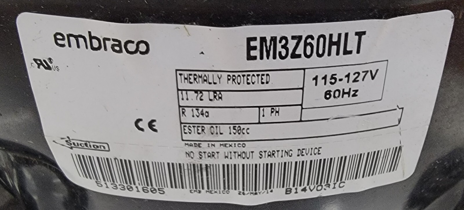 Genuine Refrigerator Kenmore Compressor Part#513301605 EM3Z60HLT