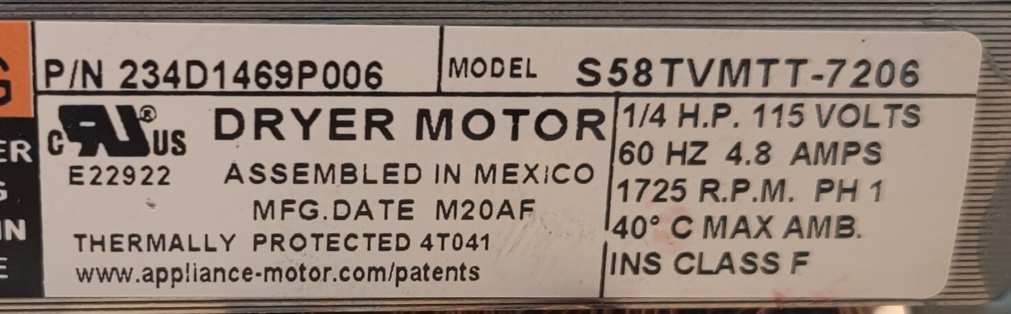 Genuine Dryer GE Motor Part#234D1469P006
