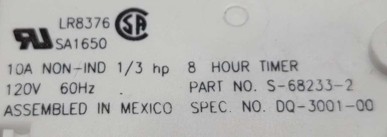 Genuine Refrigerator Magic Chef Defrost Timer Part#S-68233-2