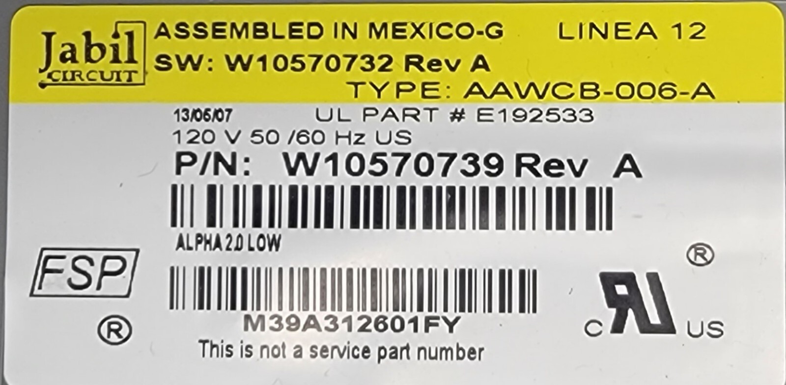 Genuine Washer Whirlpool Control Board Part#W10570739