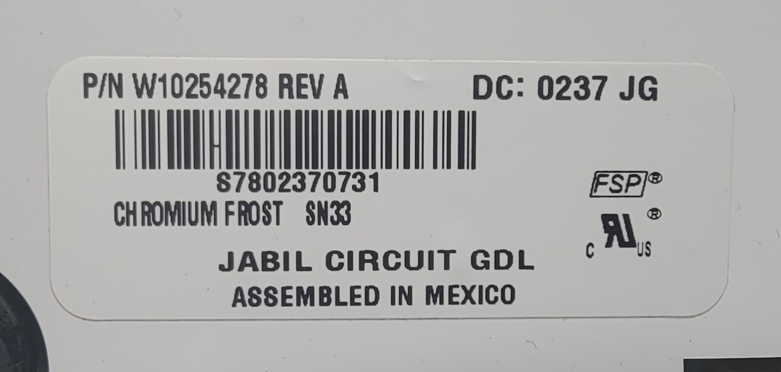 Genuine Refrigerator Whirlpool Dispenser Control Board Part#W10254278