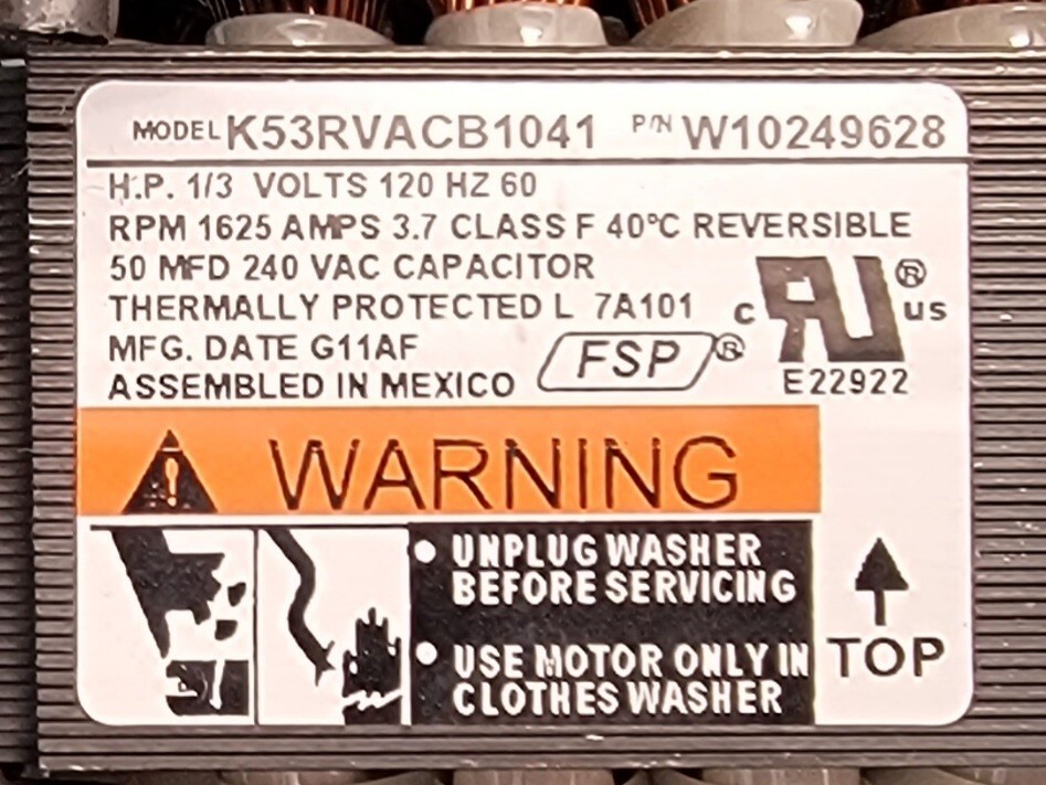 Genuine Washer Whirlpool Drive Motor Part#W10249628
