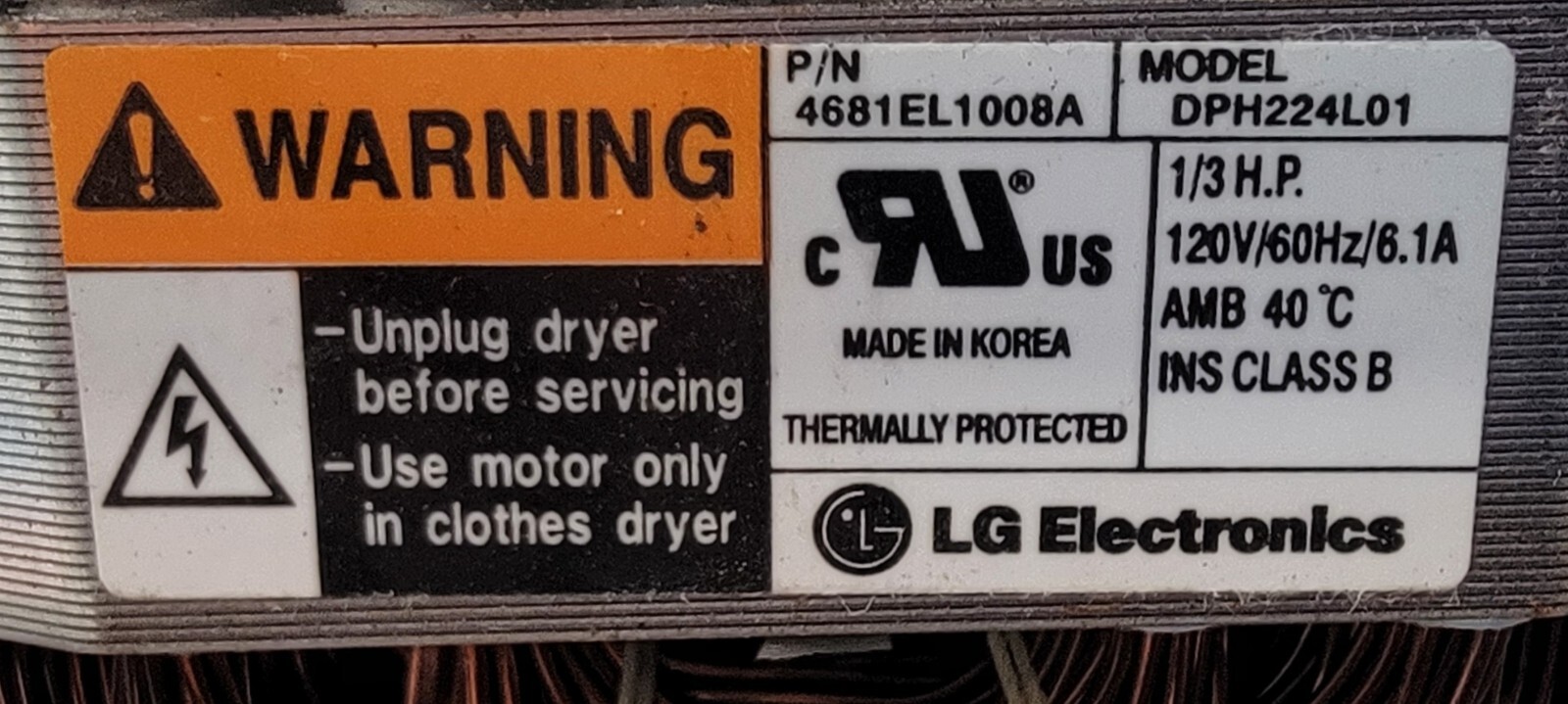 Genuine Dryer LG Motor w/Blower Part#4681EL1008A