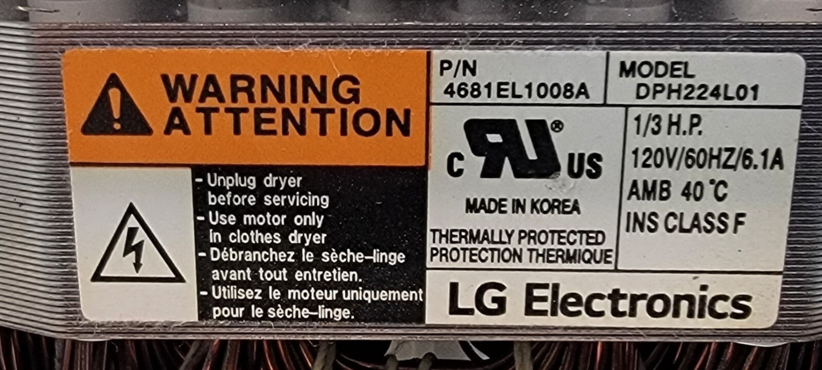 Genuine Dryer LG Motor w/Blower Part#4681EL1008A
