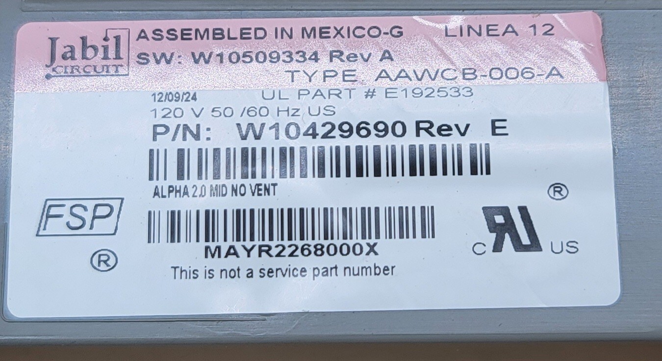 Genuine Dryer Whirlpool Control Board Part#W10429690