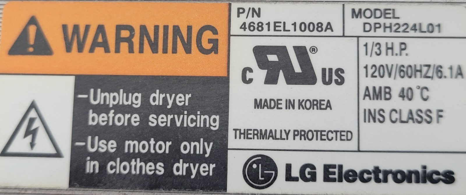 Genuine Dryer LG Motor w/Blower Part#4681EL1008A