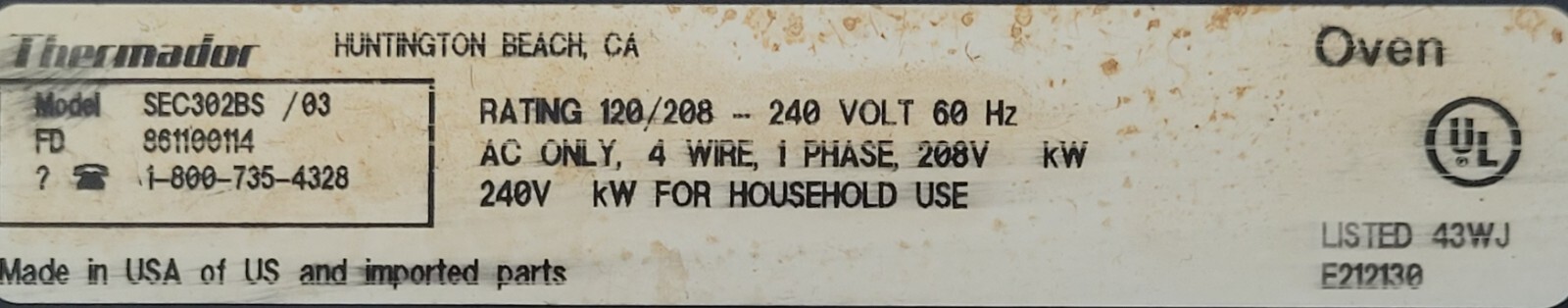 Genuine Oven Thermador Panel Part#E212130